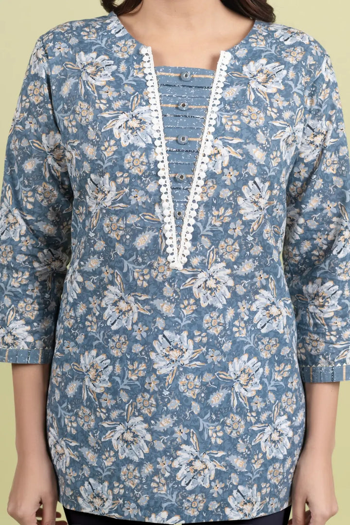 Grey Gold Print Straight Kurti
