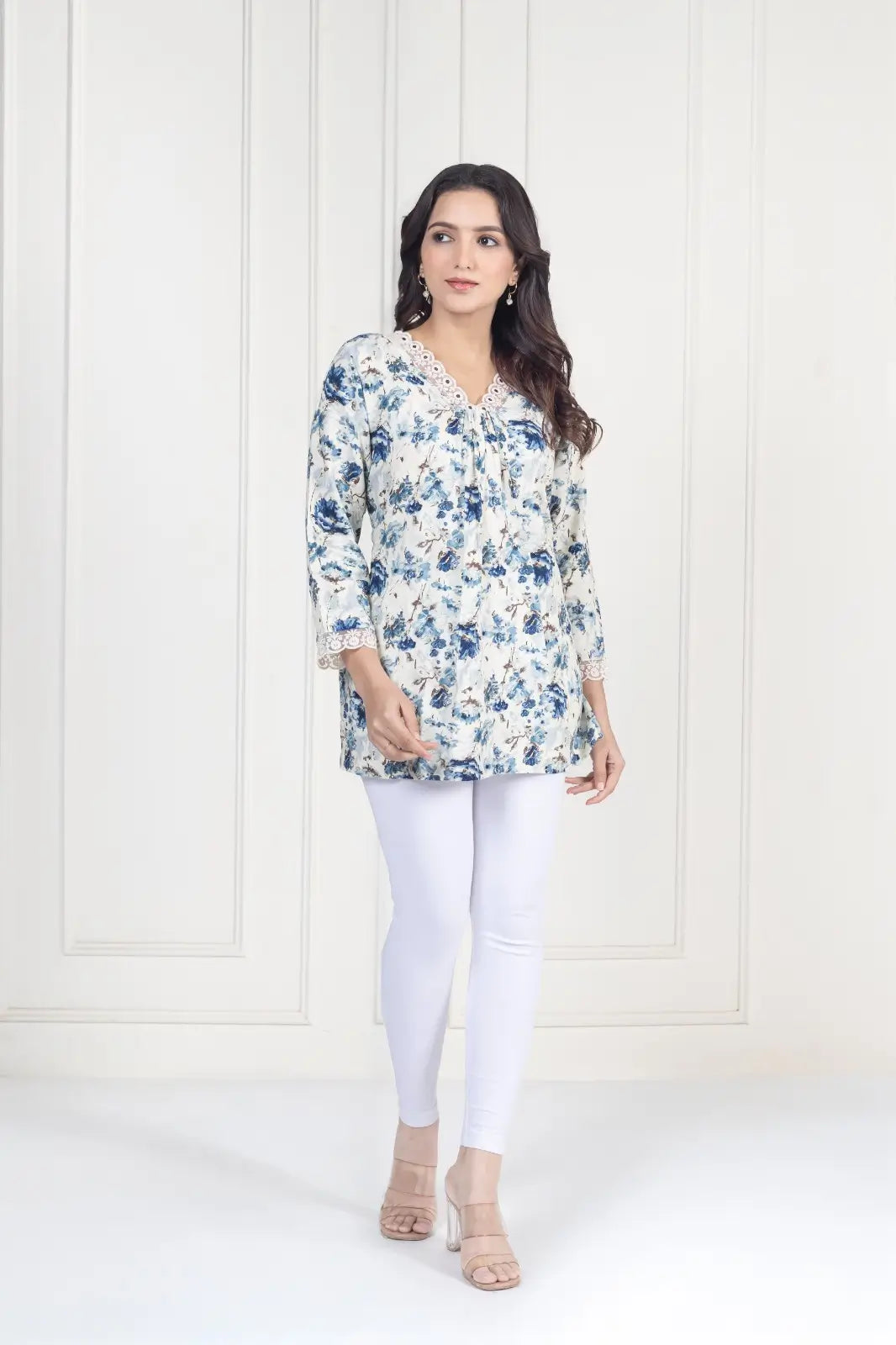 White Floral Short Kurti