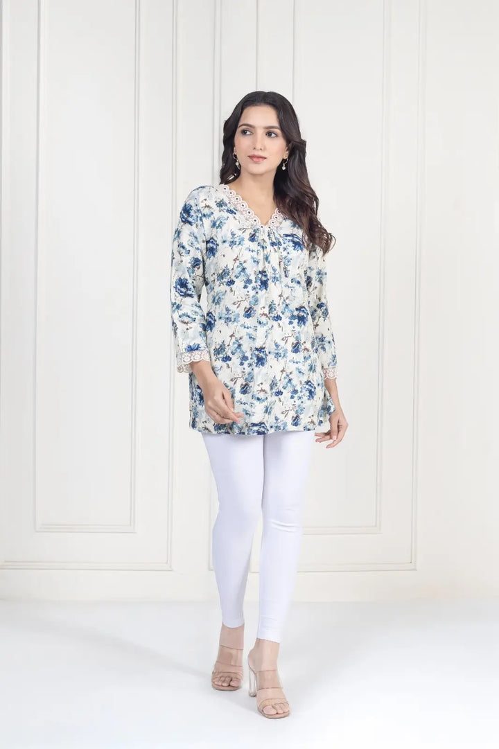 White Floral Short Kurti