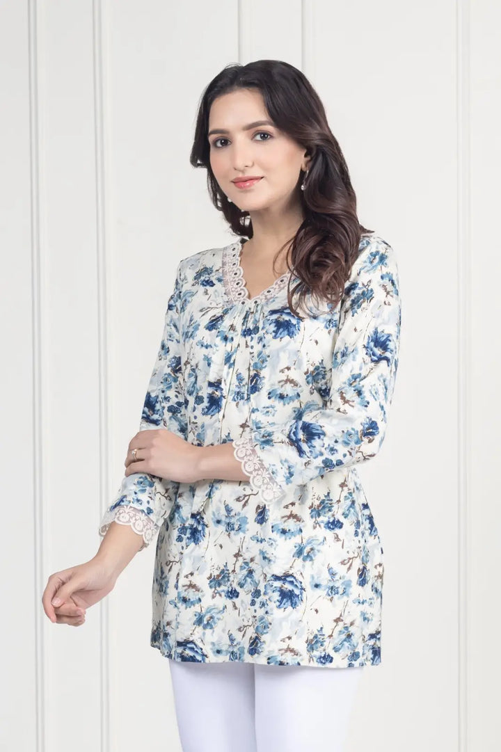White Floral Short Kurti