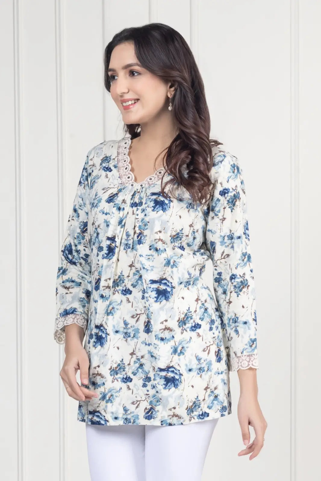White Floral Short Kurti