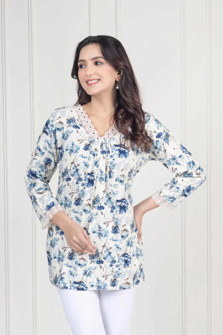 White Floral Short Kurti