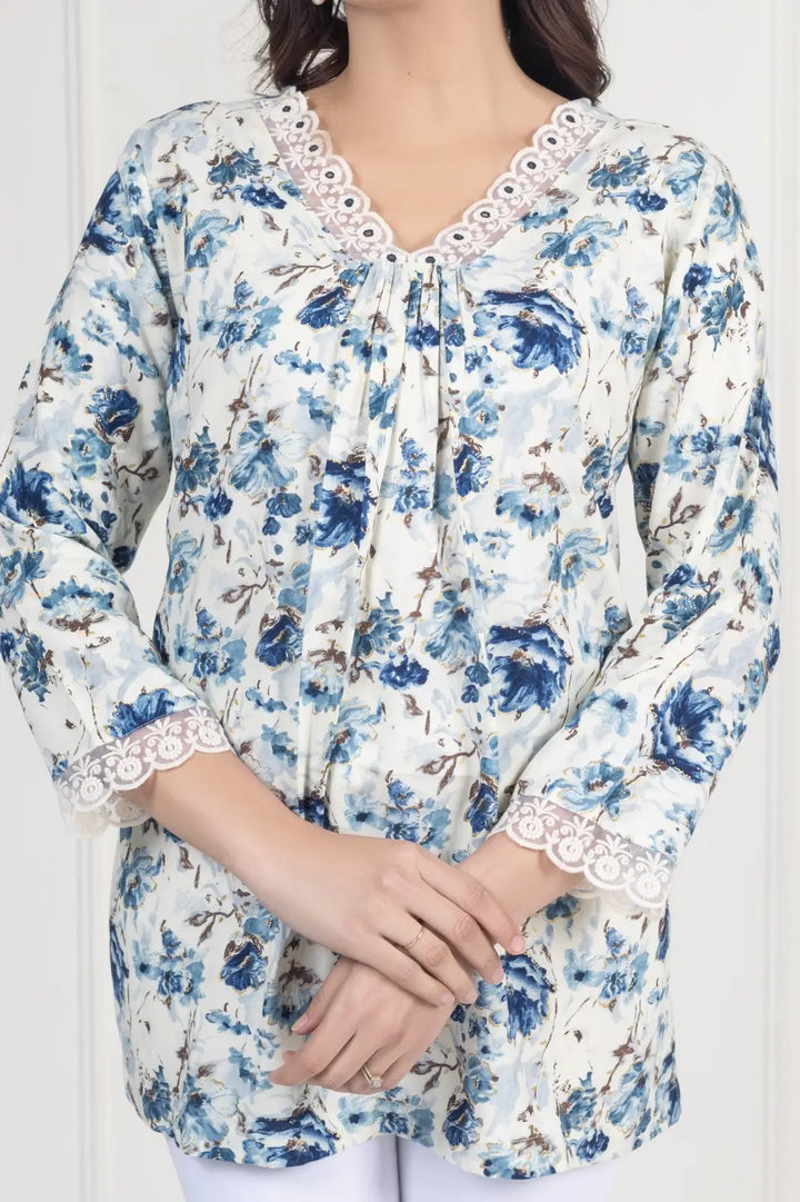White Floral Short Kurti