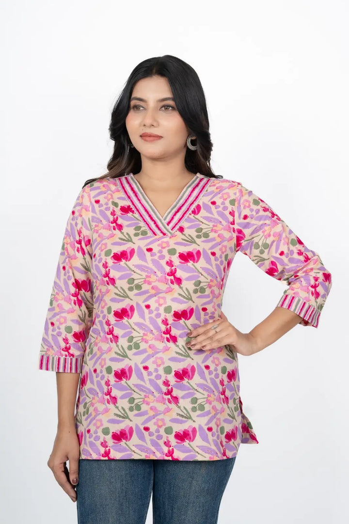Pink Floral Short Kurti