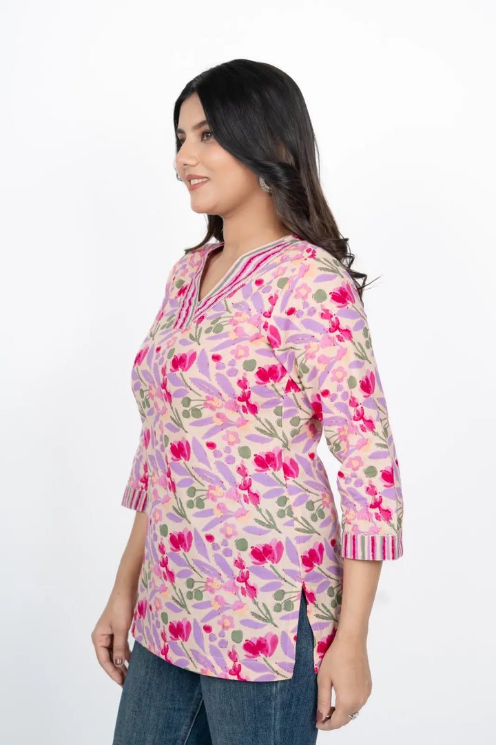 Pink Floral Short Kurti