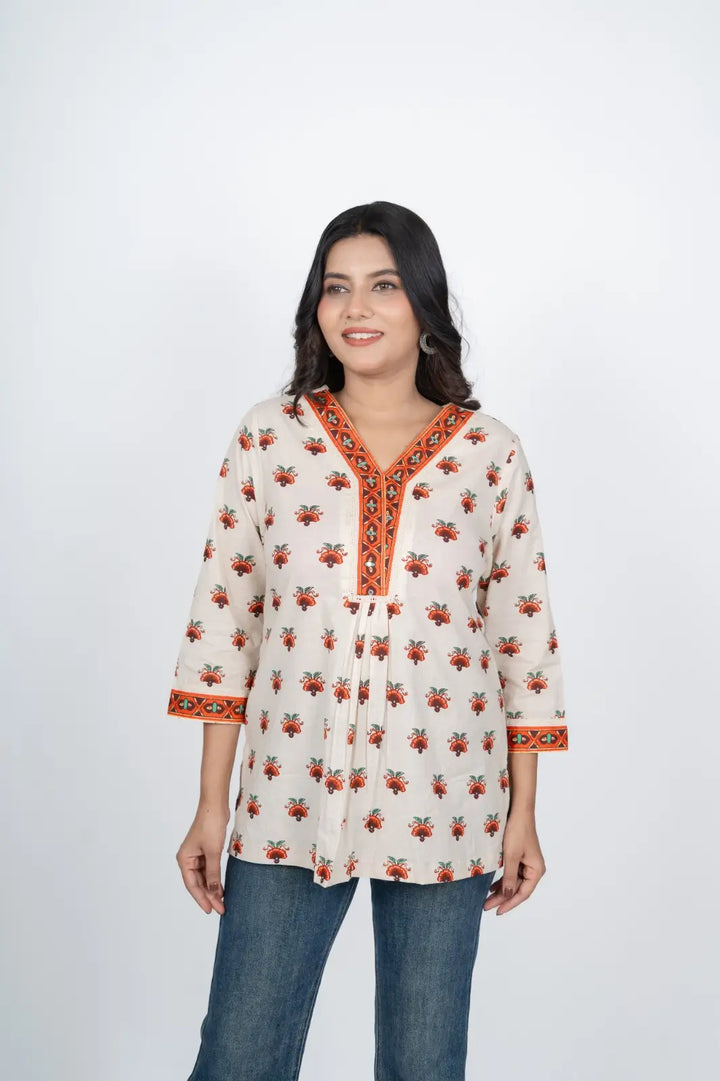 Off-White Floral Short Kurti