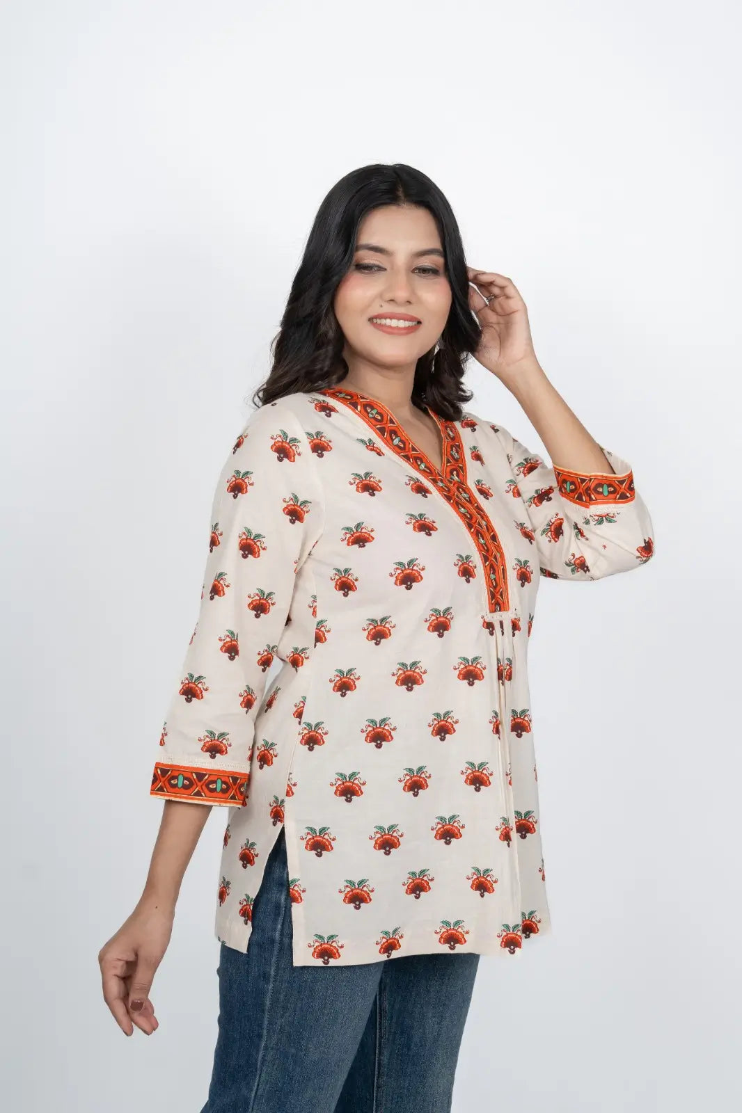 Off-White Floral Short Kurti
