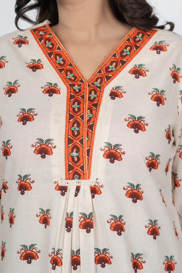 Off-White Floral Short Kurti