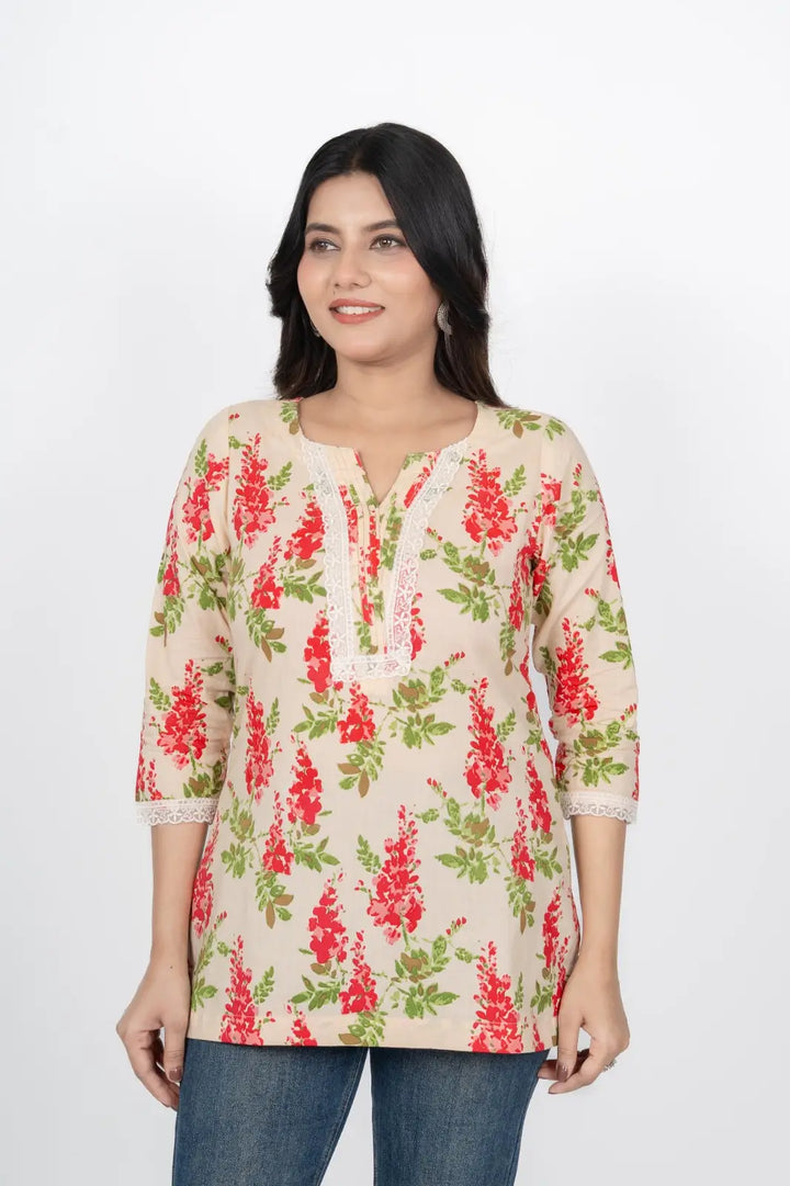 Cream Flower Print Short Kurti
