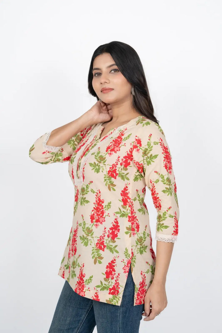 Cream Flower Print Short Kurti