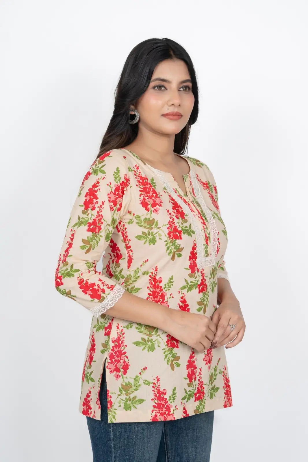 Cream Flower Print Short Kurti