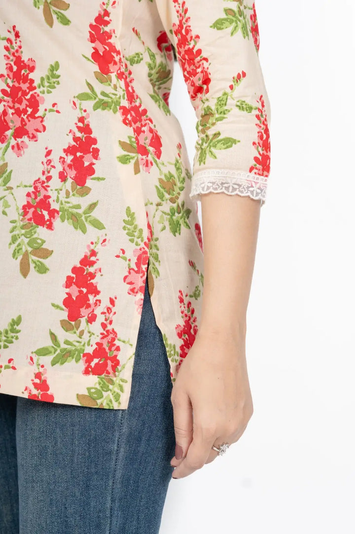 Cream Flower Print Short Kurti