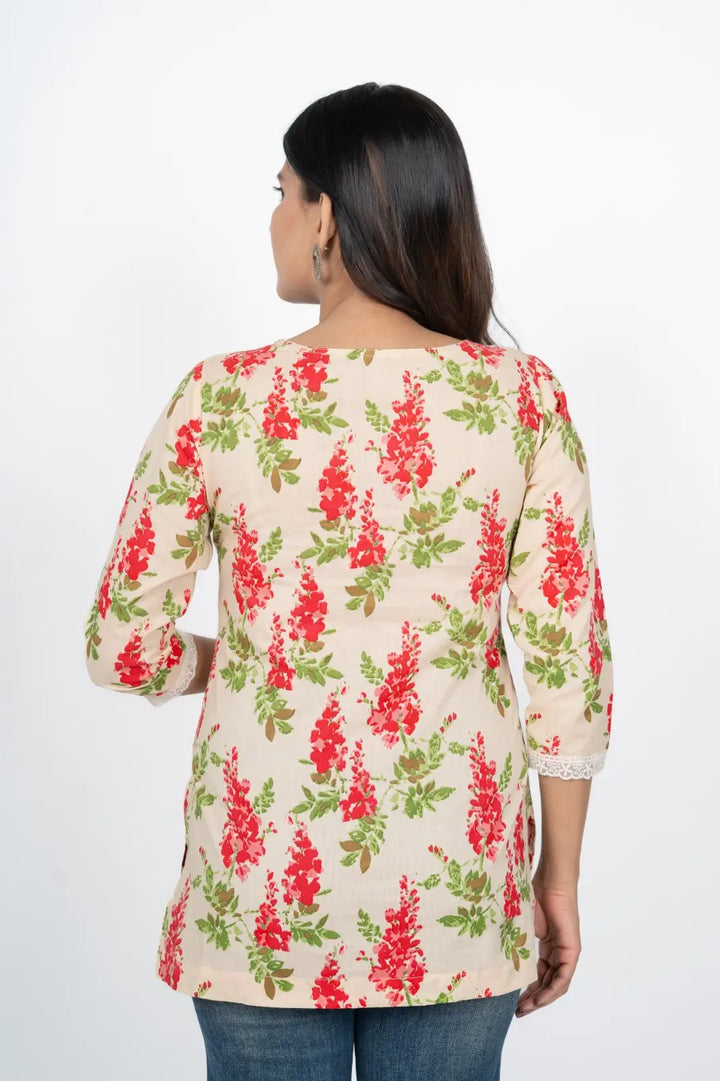 Cream Flower Print Short Kurti