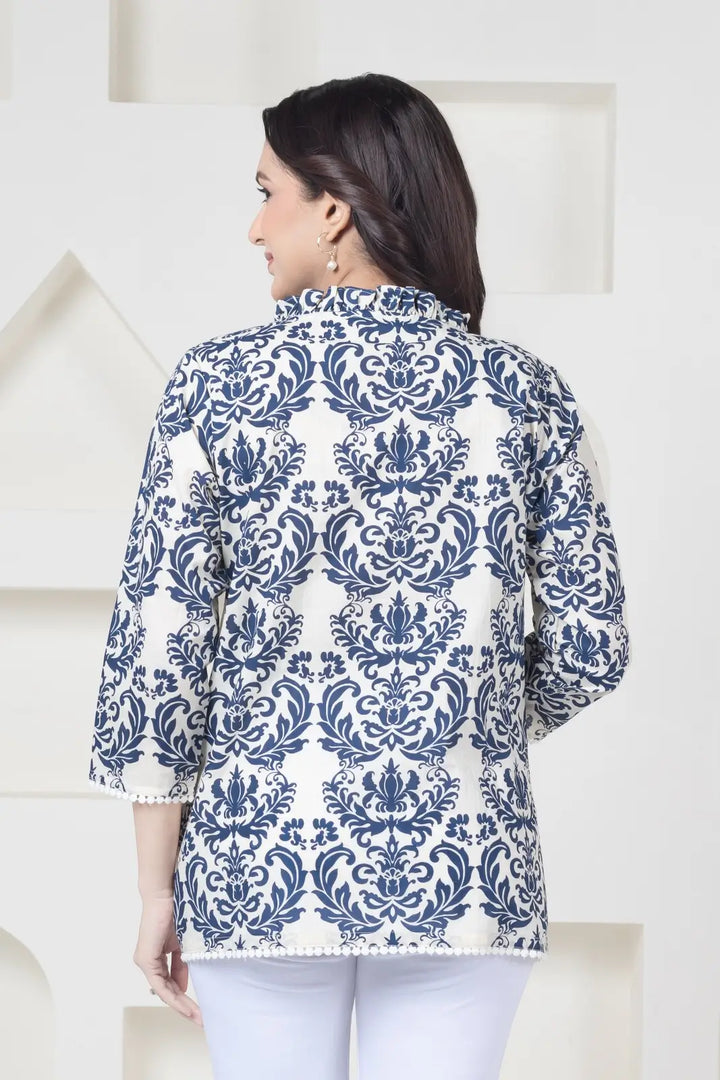 White Blue Print Top