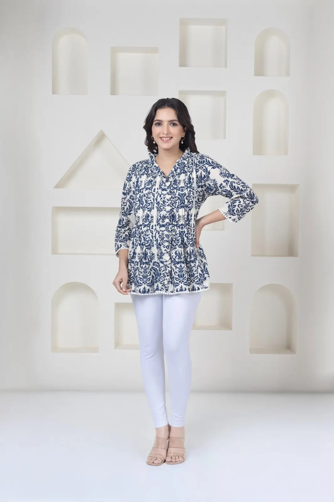 White Blue Print Top