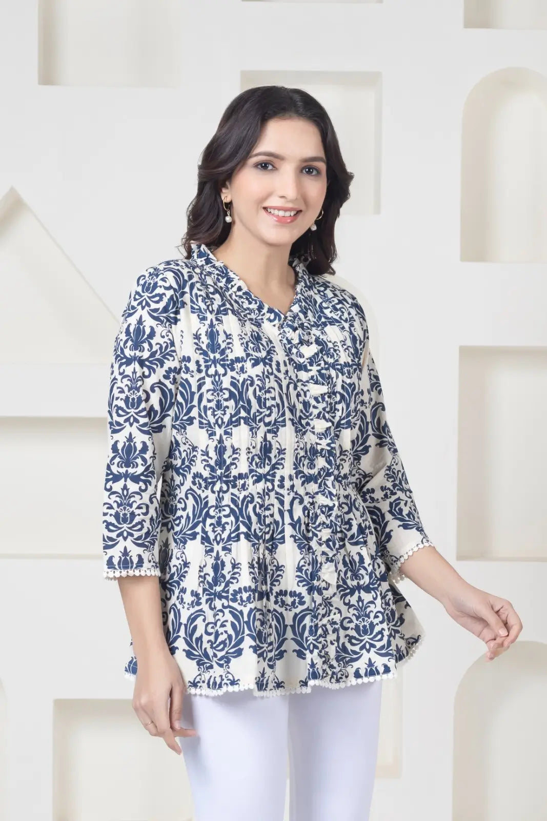 White Blue Print Top