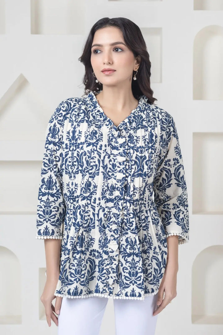 White Blue Print Top