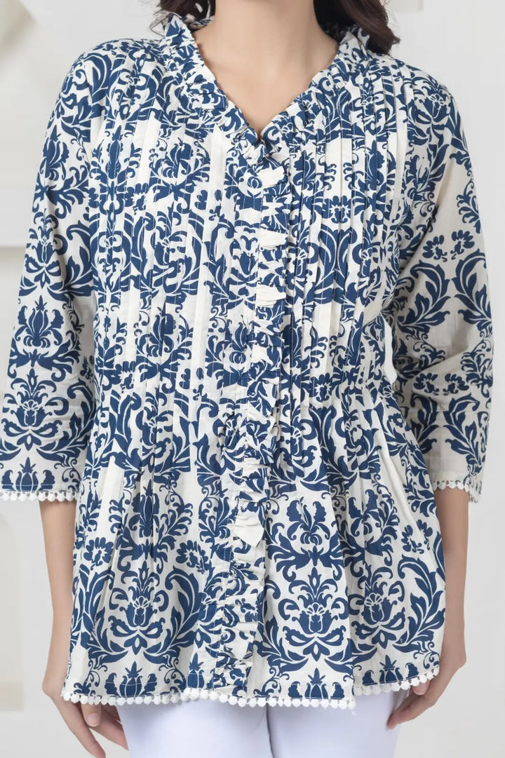 White Blue Print Top