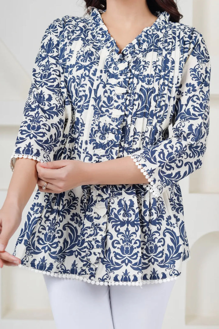 White Blue Print Top