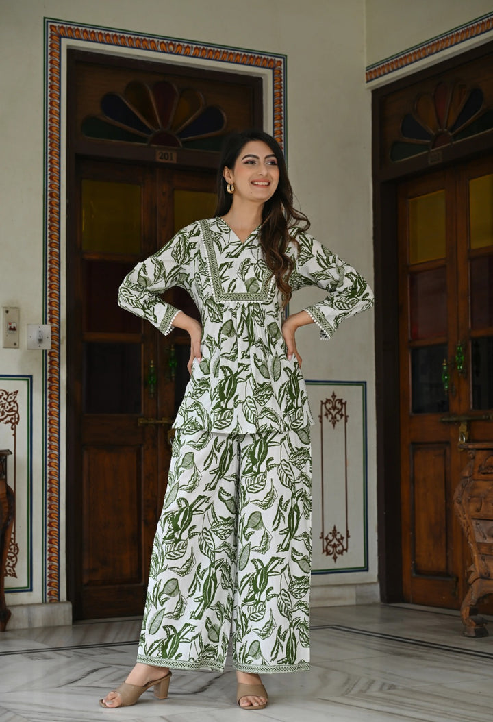 Green leaf printed cotton co -ord set