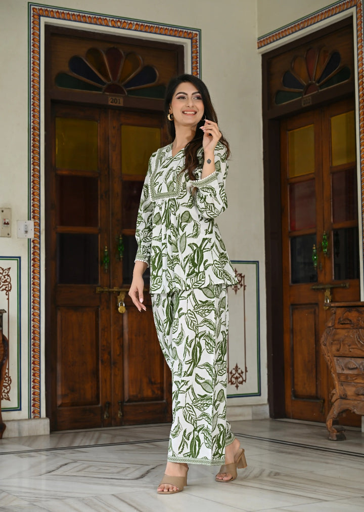 Green leaf printed cotton co -ord set