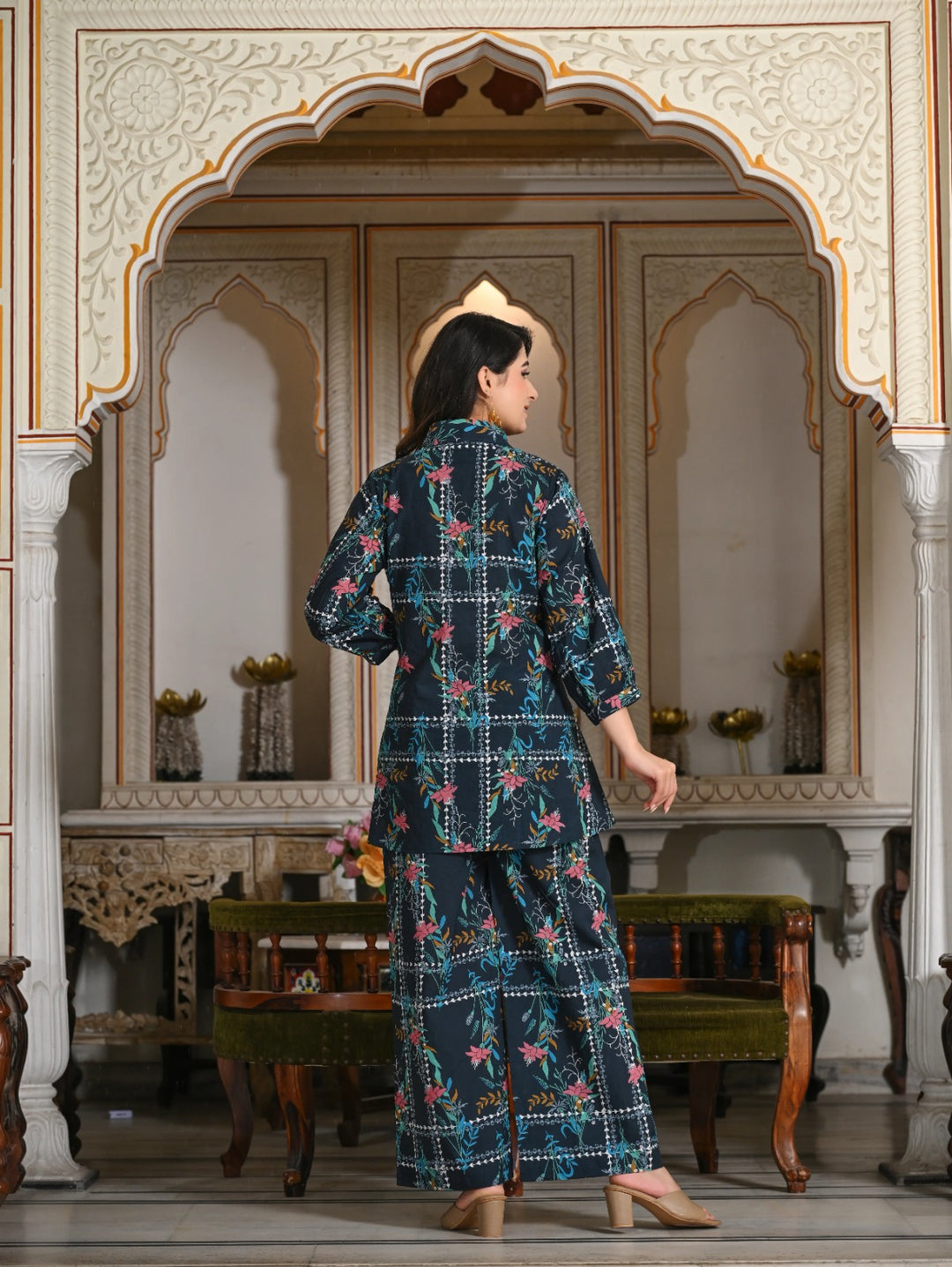 Blue geometric floral print cotton co-ord set