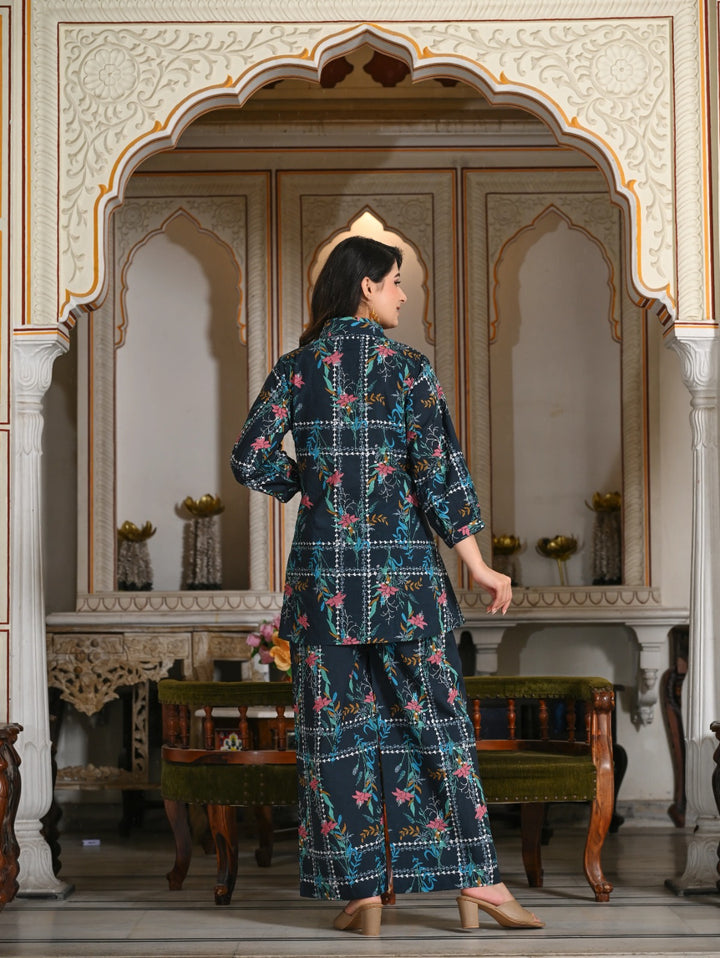 Blue geometric floral print cotton co-ord set