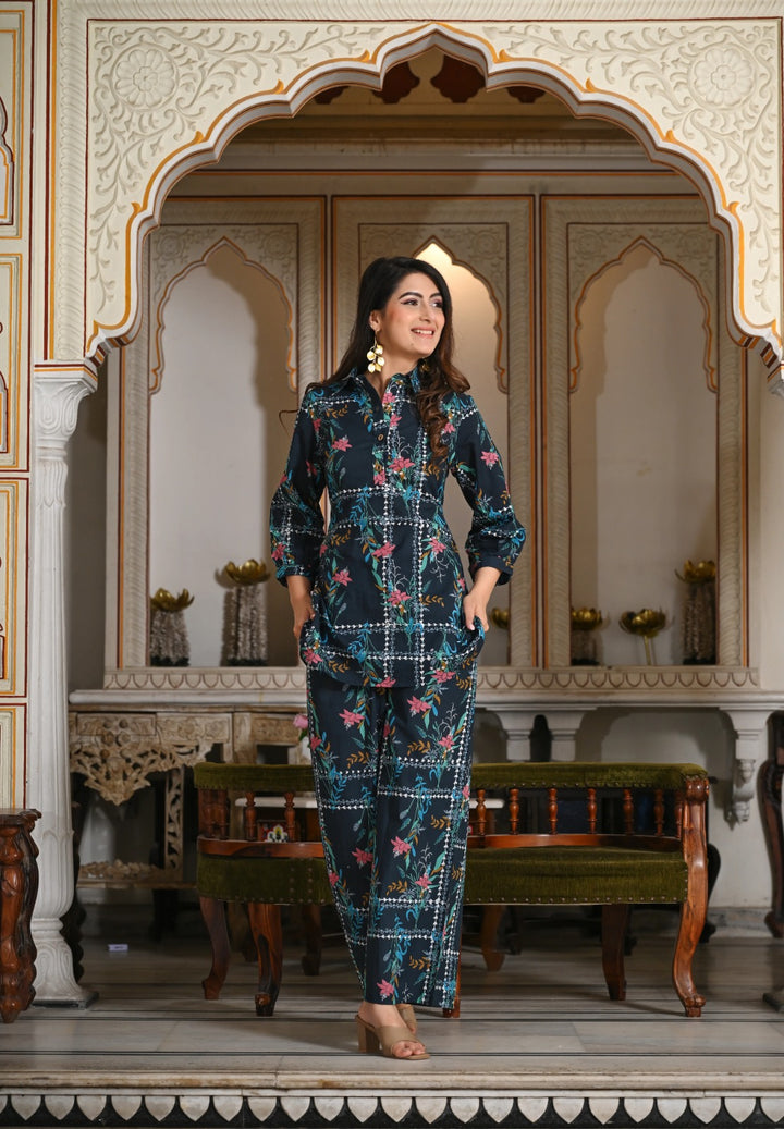 Blue geometric floral print cotton co-ord set