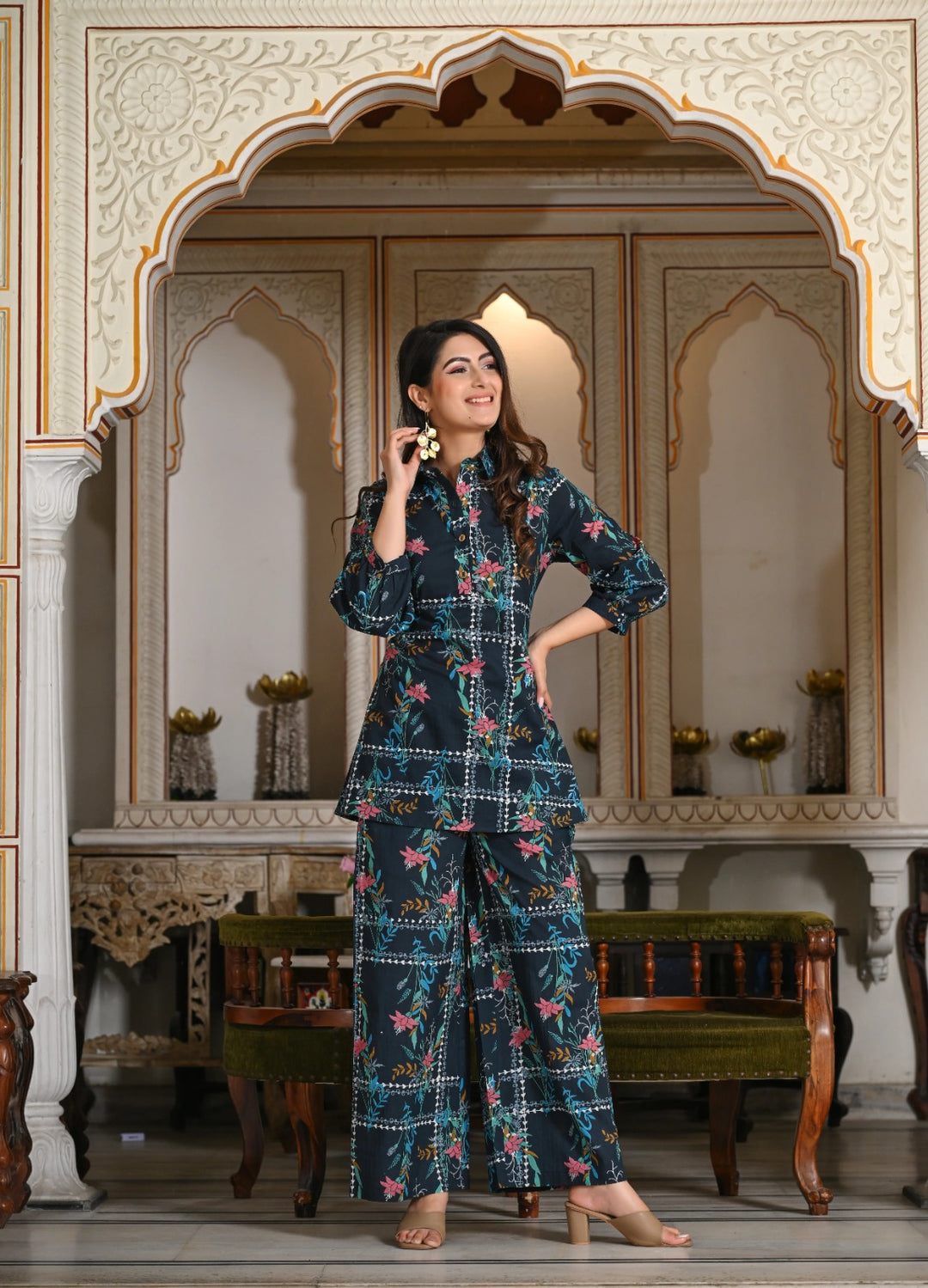 Blue geometric floral print cotton co-ord set