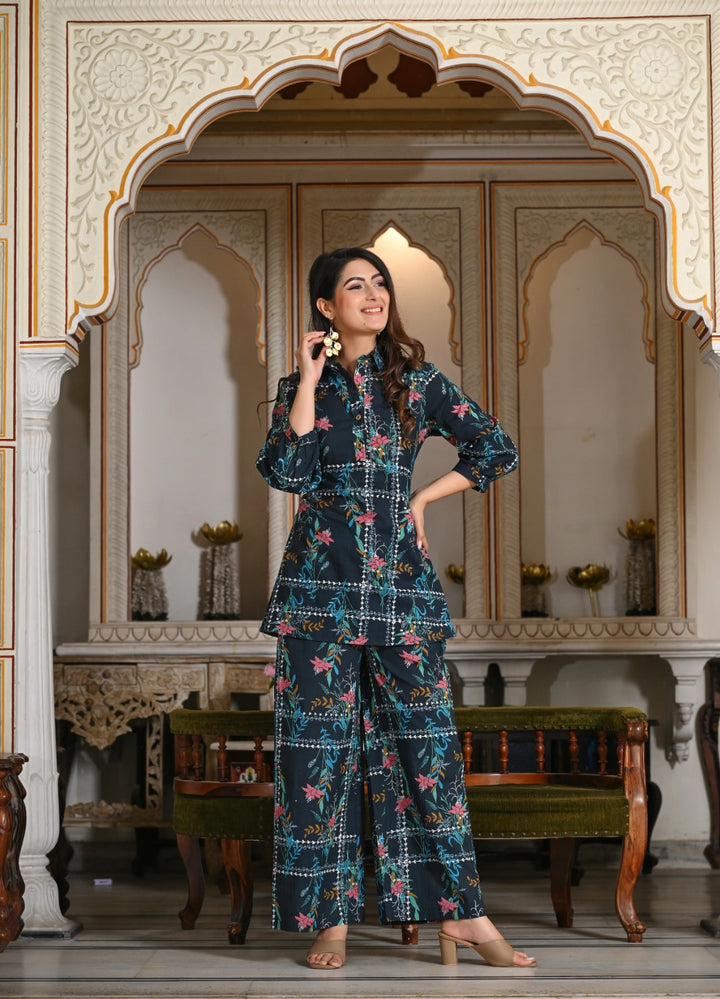 Blue geometric floral print cotton co-ord set