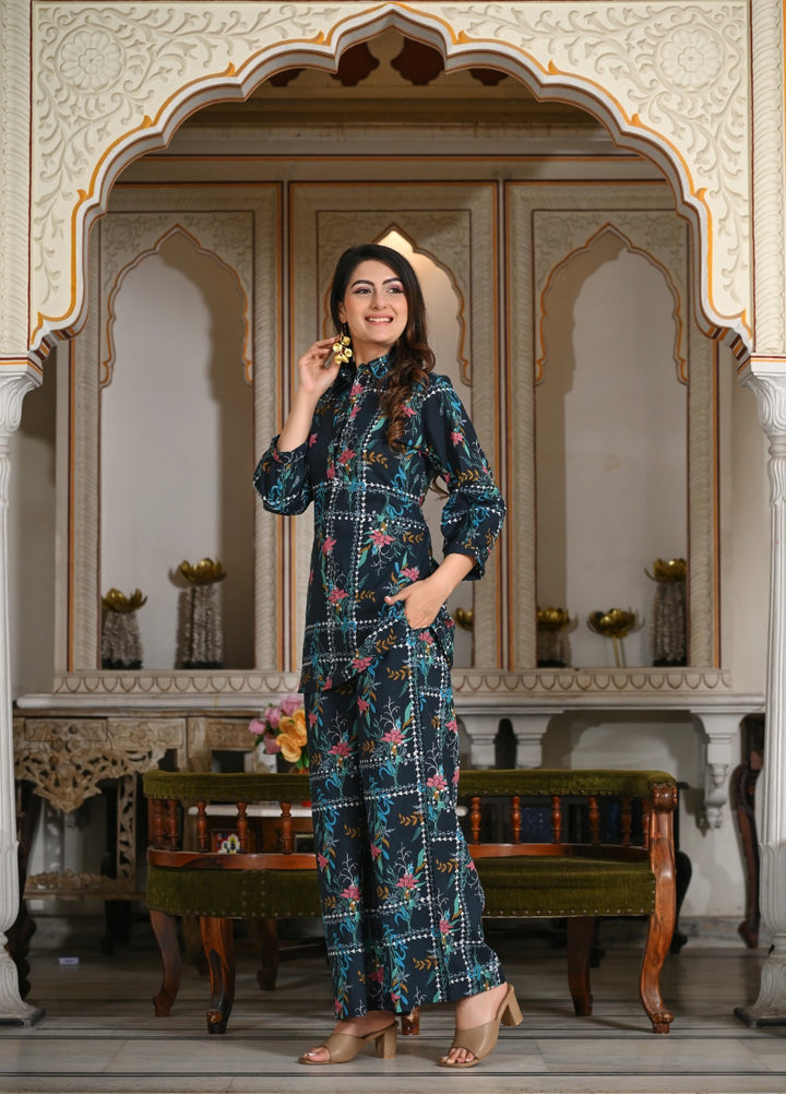 Blue geometric floral print cotton co-ord set