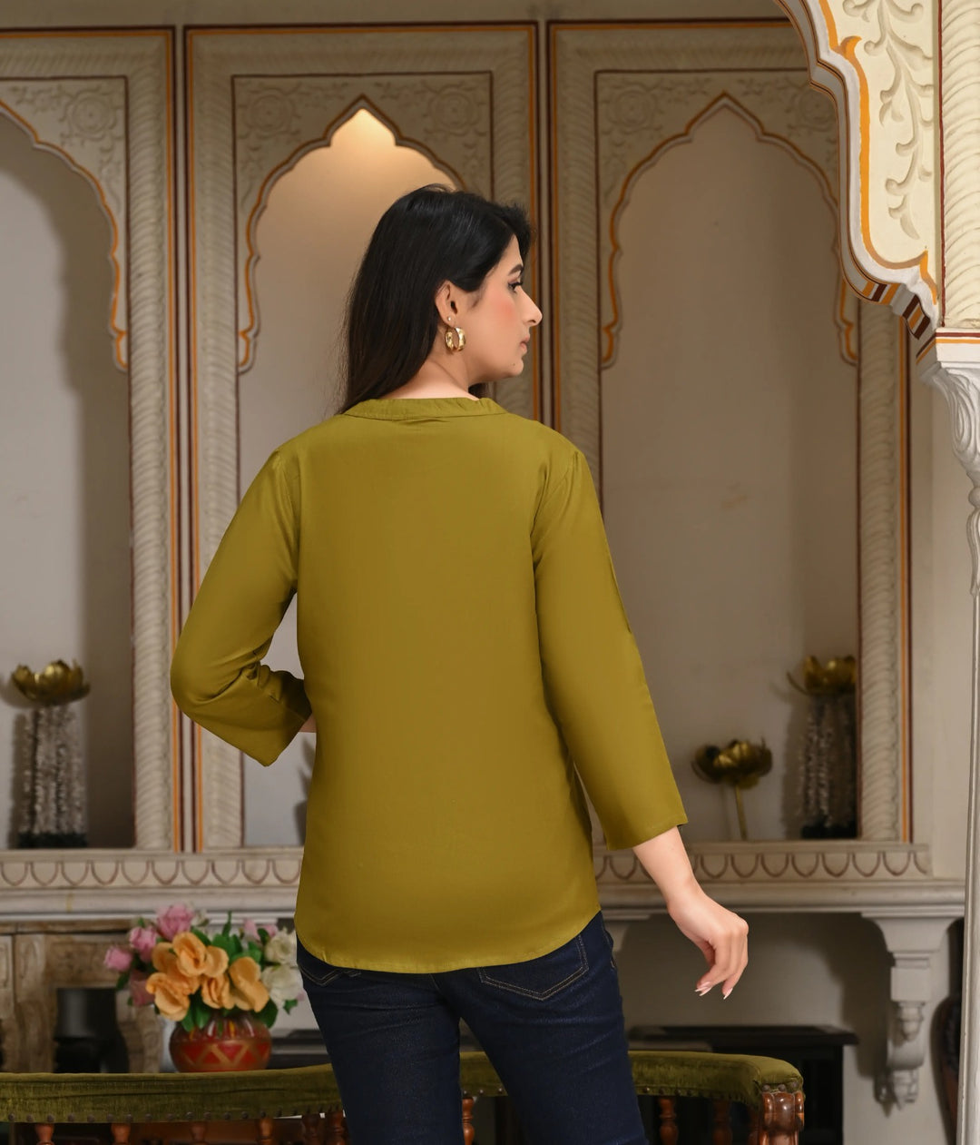 Deep Olive Viscose Pleated Top