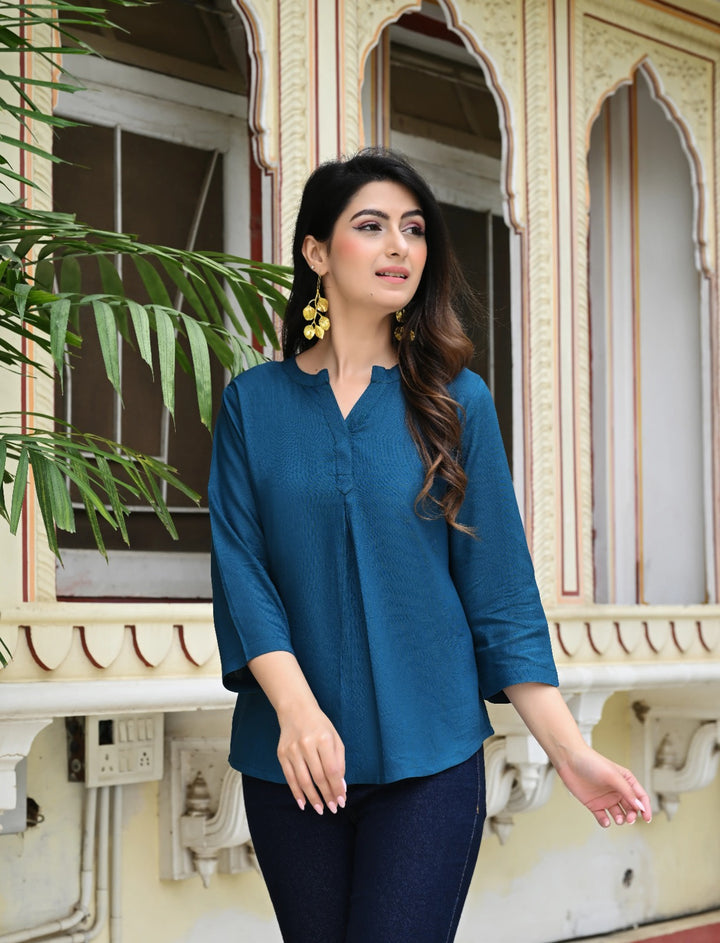 Crystal Teal Blue Viscose Pleated Top