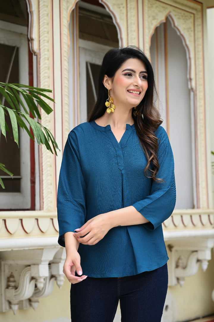 Crystal Teal Blue Viscose Pleated Top