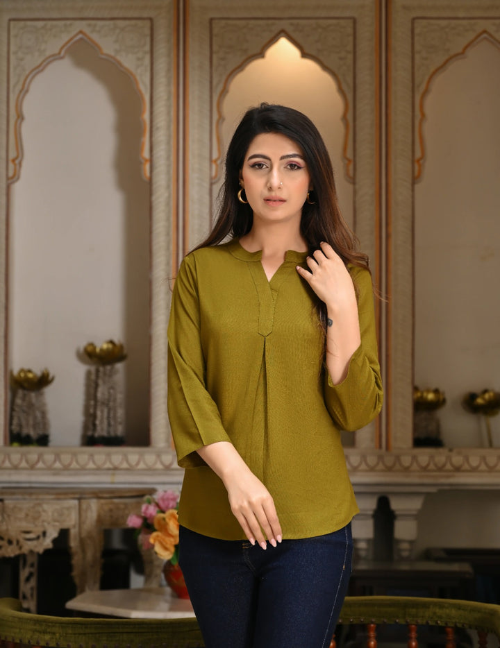 Deep Olive Viscose Pleated Top