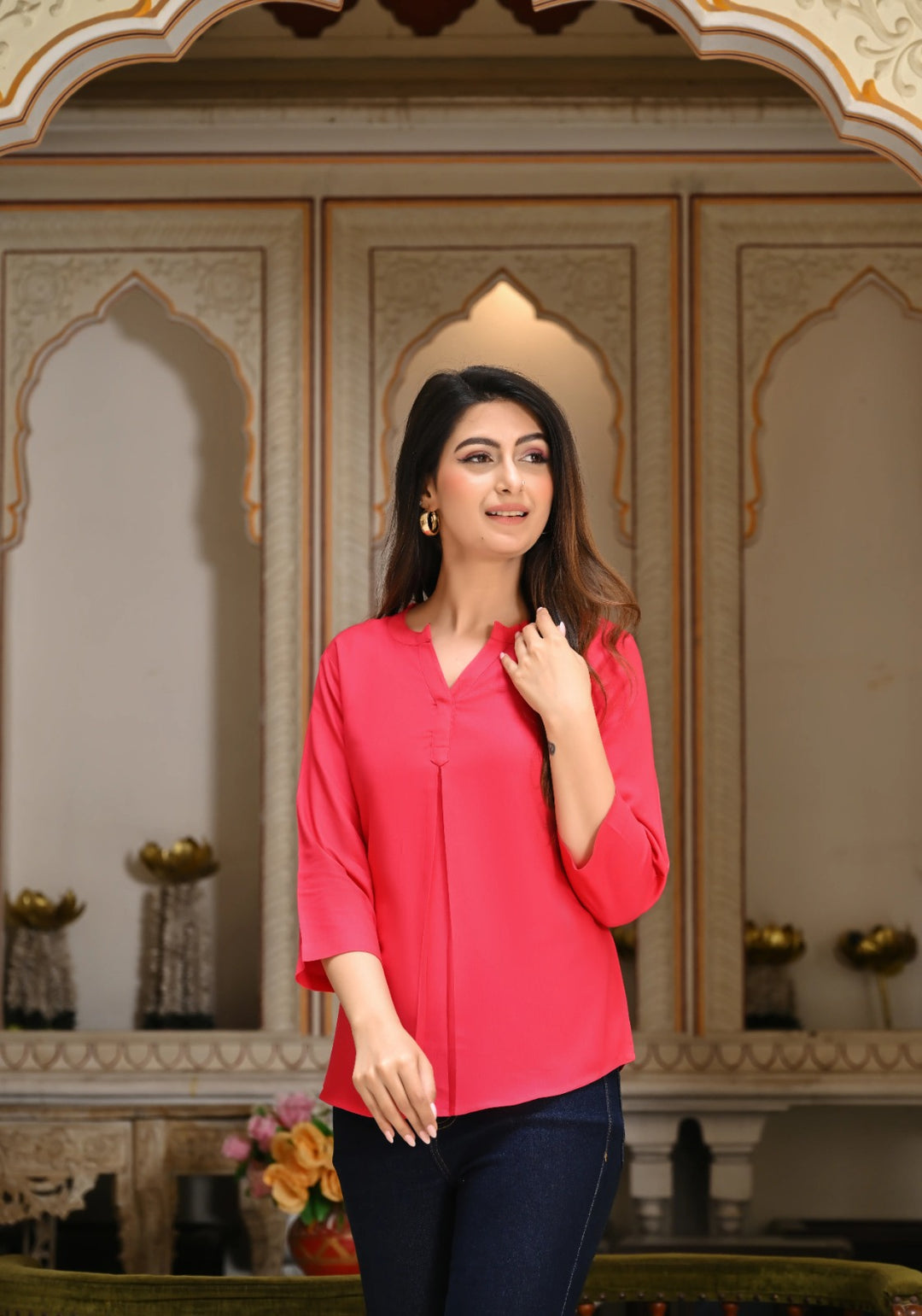 Hot Pink Viscose Pleated Top