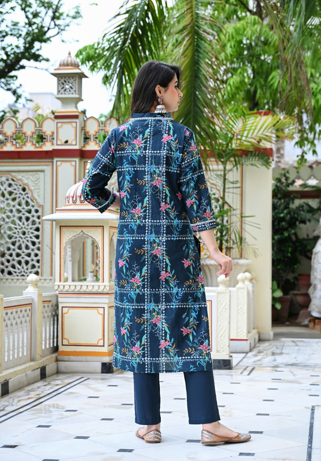 Blue Geometric Floral Print Cotton 3 Piece Set