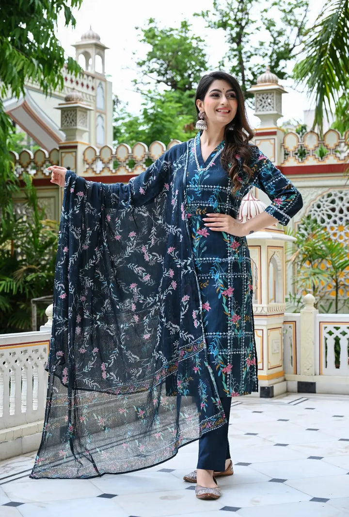 Blue Geometric Floral Print Cotton 3 Piece Set