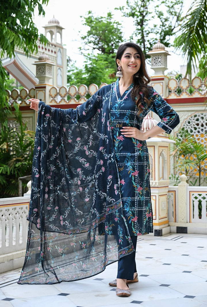 Blue Geometric Floral Print Cotton 3 Piece Set
