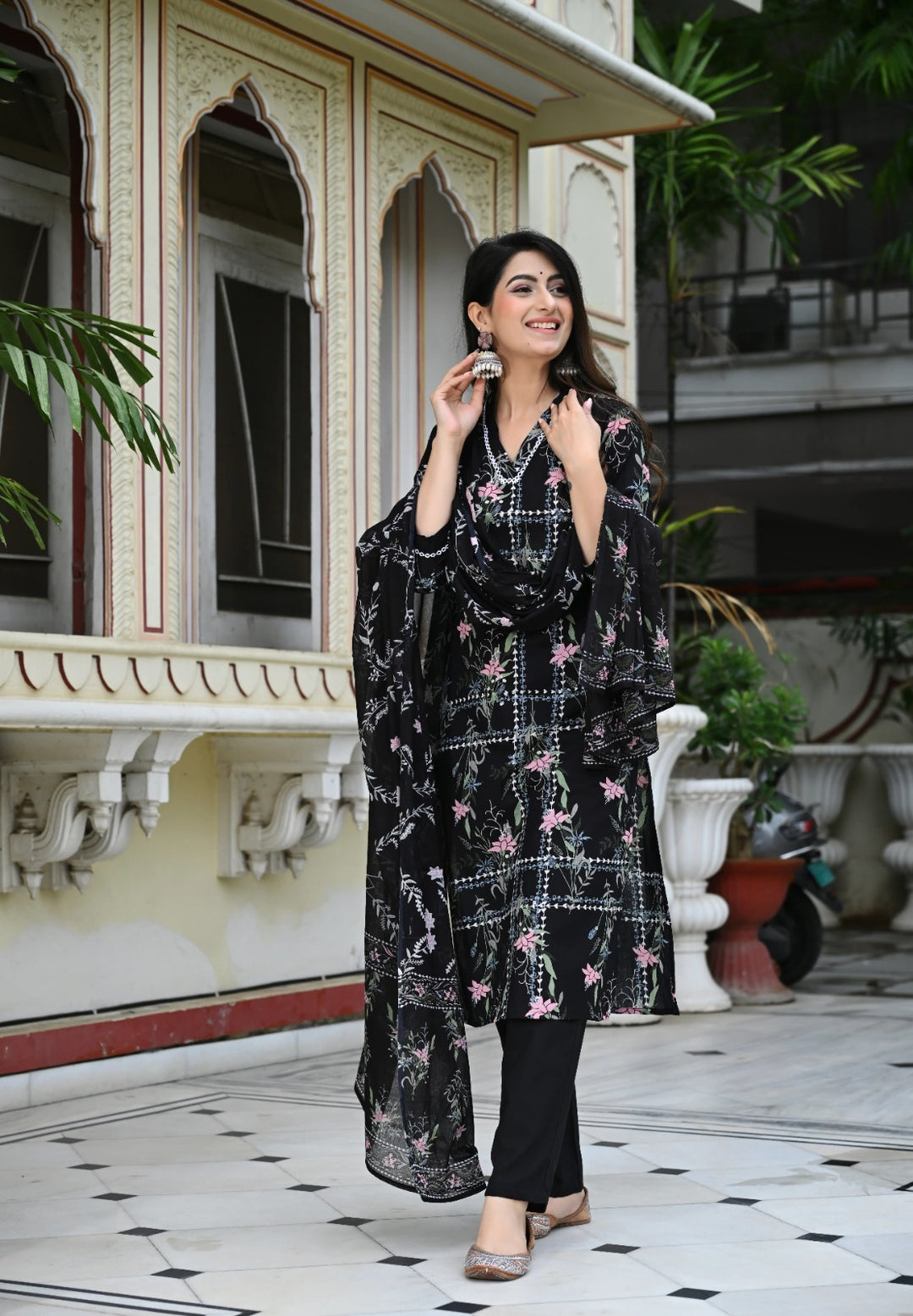 Black Geometric Floral Print Cotton 3 Piece Set