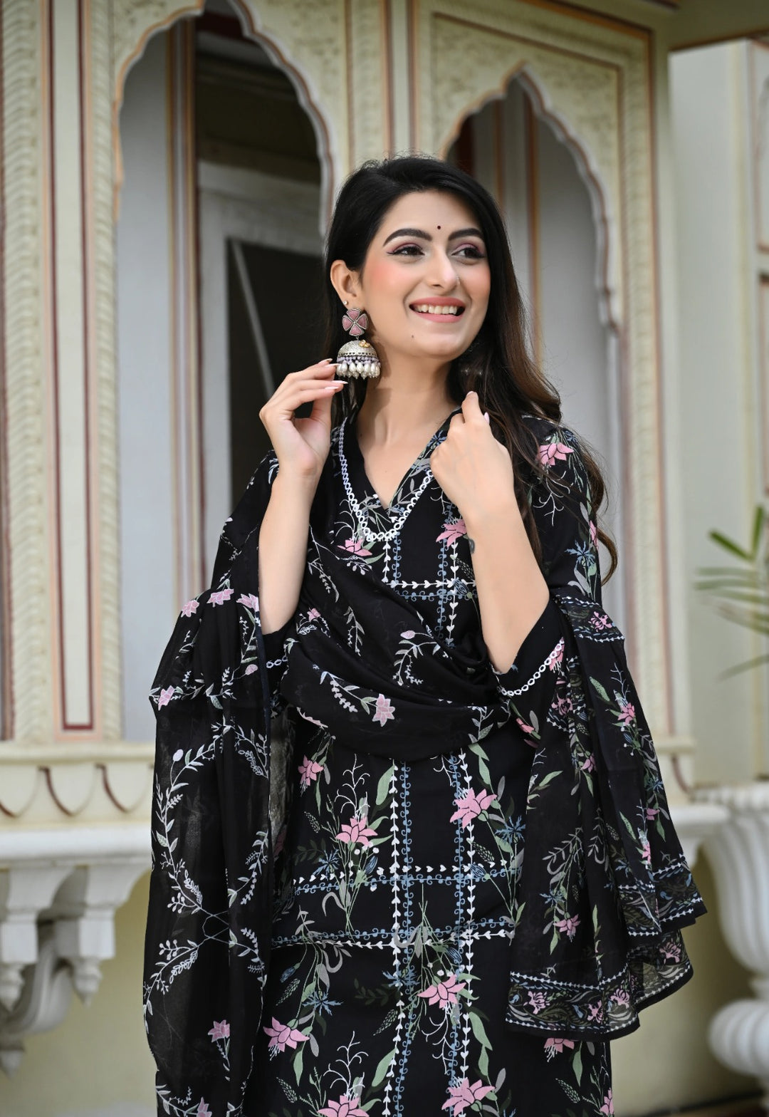 Black Geometric Floral Print Cotton 3 Piece Set