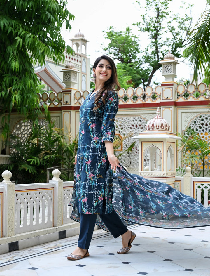 Blue Geometric Floral Print Cotton 3 Piece Set