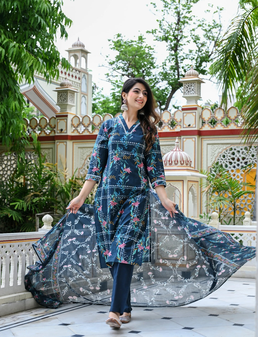 Blue Geometric Floral Print Cotton 3 Piece Set