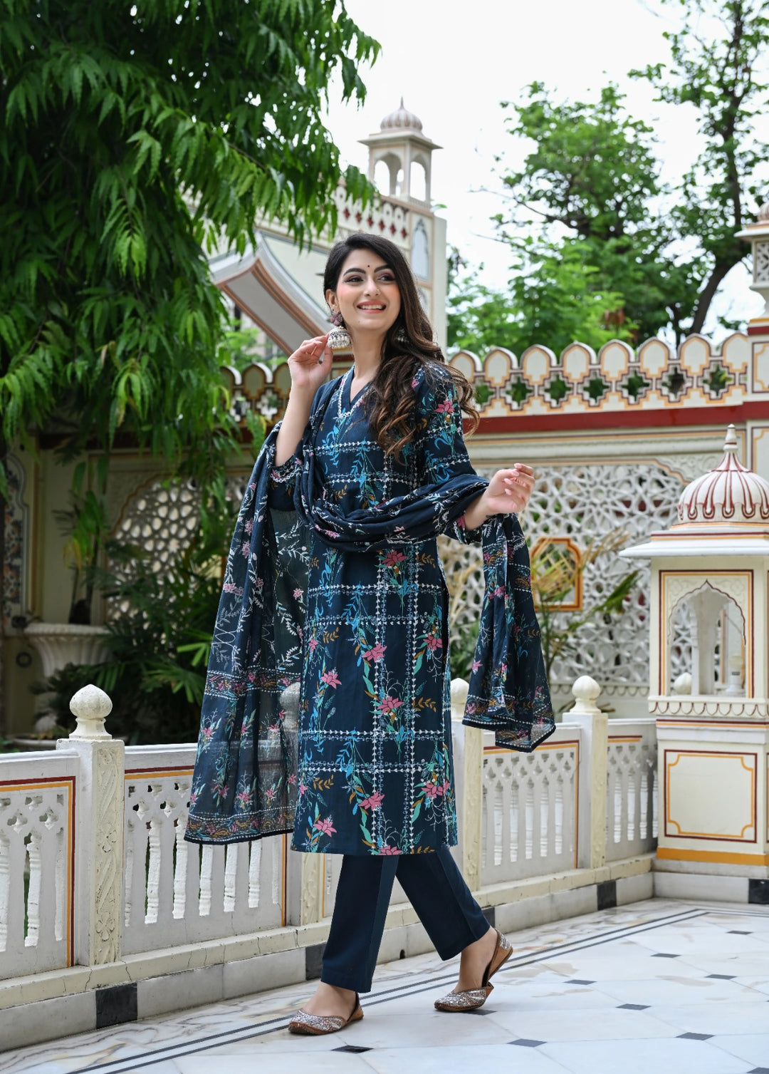 Blue Geometric Floral Print Cotton 3 Piece Set