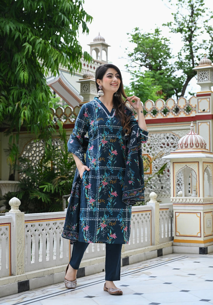 Blue Geometric Floral Print Cotton 3 Piece Set