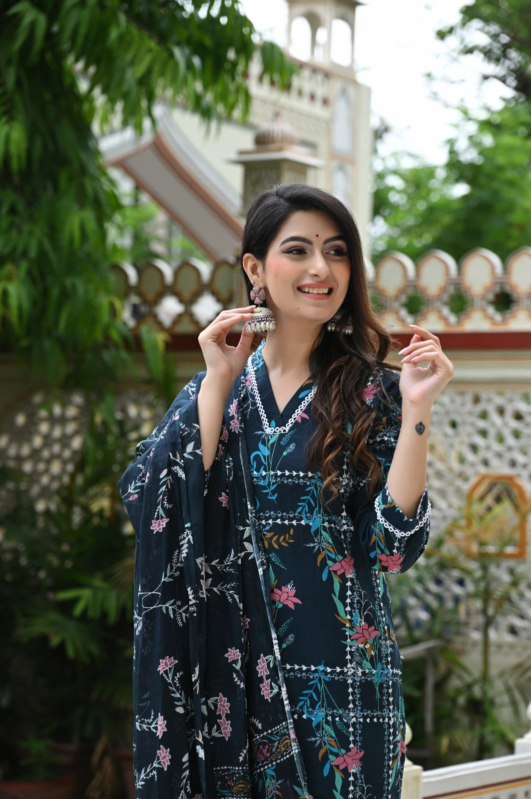 Blue Geometric Floral Print Cotton 3 Piece Set