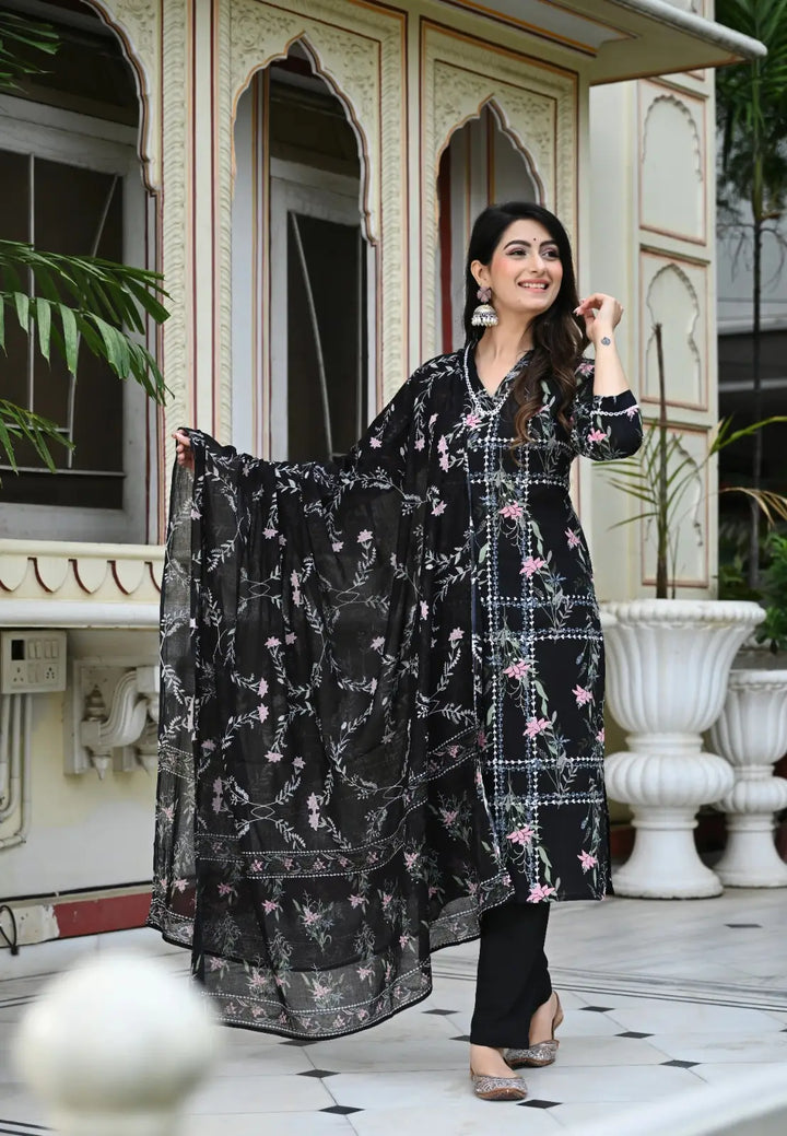 Black Geometric Floral Print Cotton 3 Piece Set