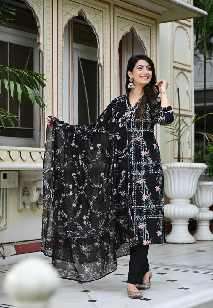 Black Geometric Floral Print Cotton 3 Piece Set