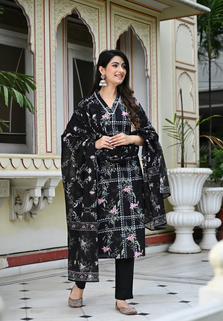 Black Geometric Floral Print Cotton 3 Piece Set