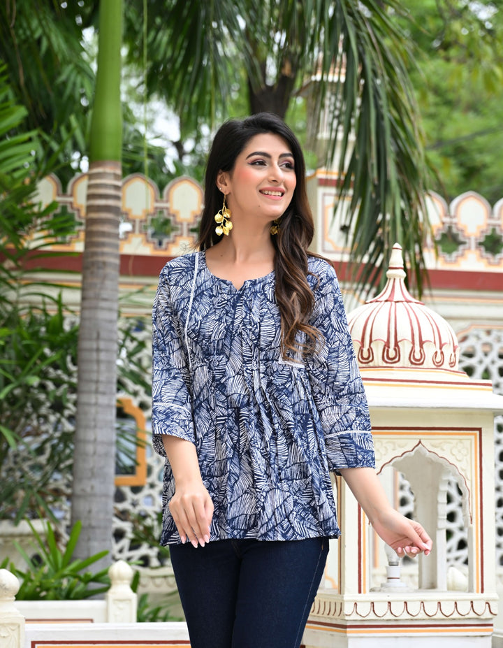 Blue and White Leaf Print Peplum Top